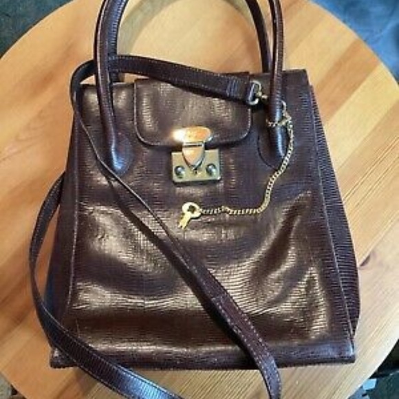 Sac Bandoulière Vintage Gino Ferruzzi Florence - Cuir Autruche Marron, Métal Doré - Italie